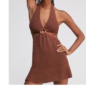 Kendall & Kylie Summer Knit Crochet Halter Cutout Brown Mini Dress Size L